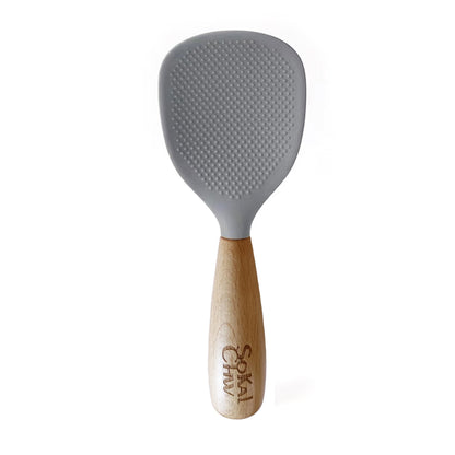 SoKalChw Standing Silicone Cooking Spoon and Rice Spoon with Wooden Handle, Great for Cooking, Mixing, Scoop, Scrape, Non stick Heat Resistant (Grey)