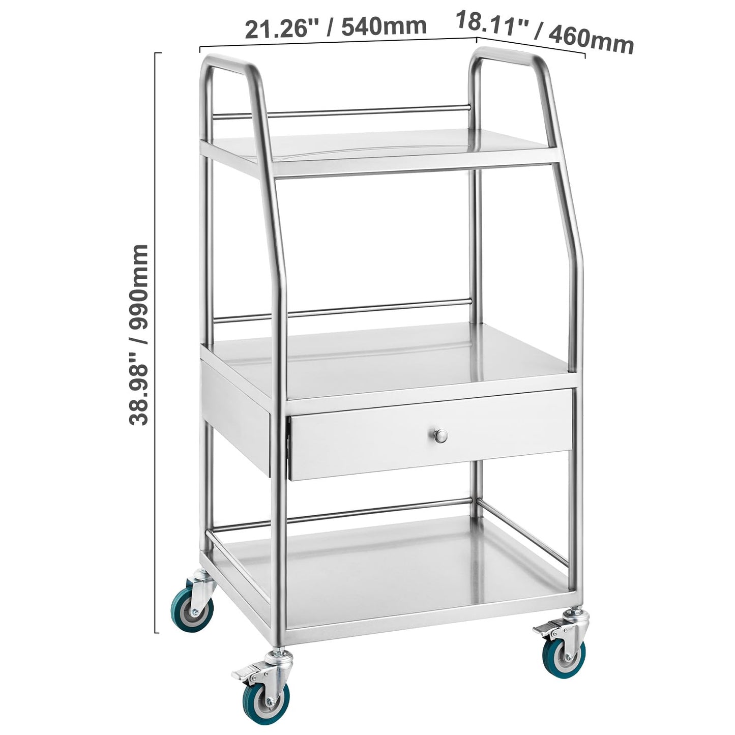 Happybuy Lab Serving Cart, 3-Tier Stainless Steel Utility Rolling Cart with Drawer, Medical & Dental Cart with Lockable Wheels, for Laboratory, Hospital, Clinic Use
