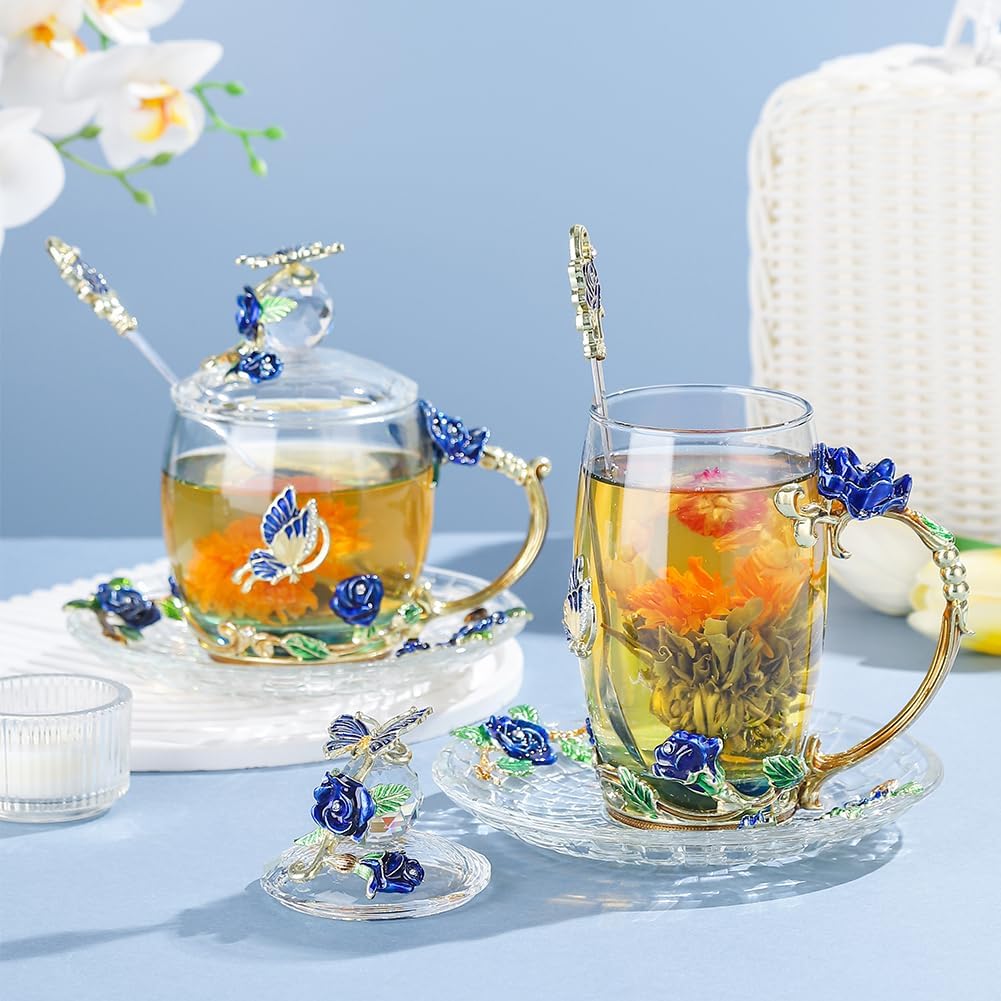 Glass Coffee Mug, Antique Birthday Christmas Gift for Women, Mom, Sister, Girlfriend, Flower Butterfly Cup (Tall Blue)