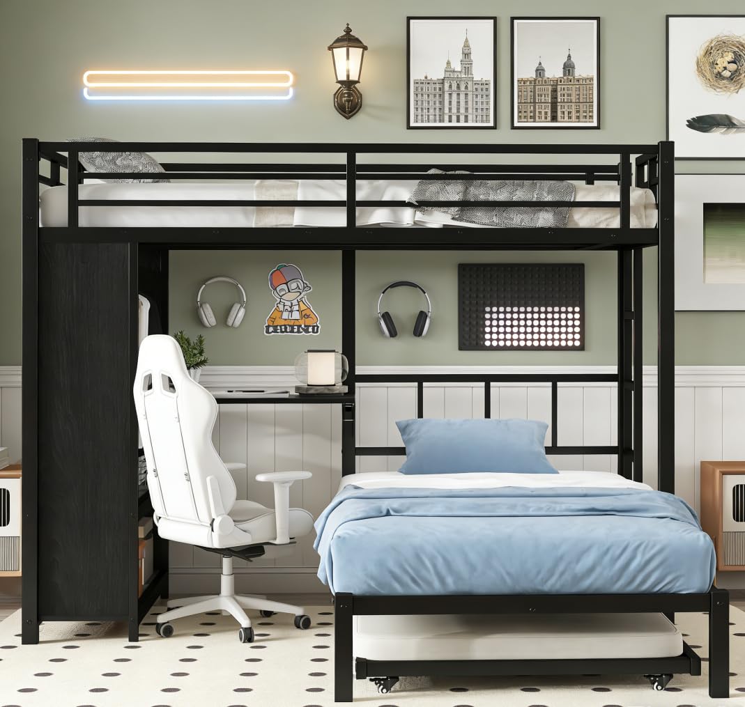 Bellemave Twin/Twin XL Over Twin XL bunk Bed with Foldable Desk and Wardrobe and Twin Trundle, loft Bed with Desk and Desk, Metal Bunk Beds with Storage, Black