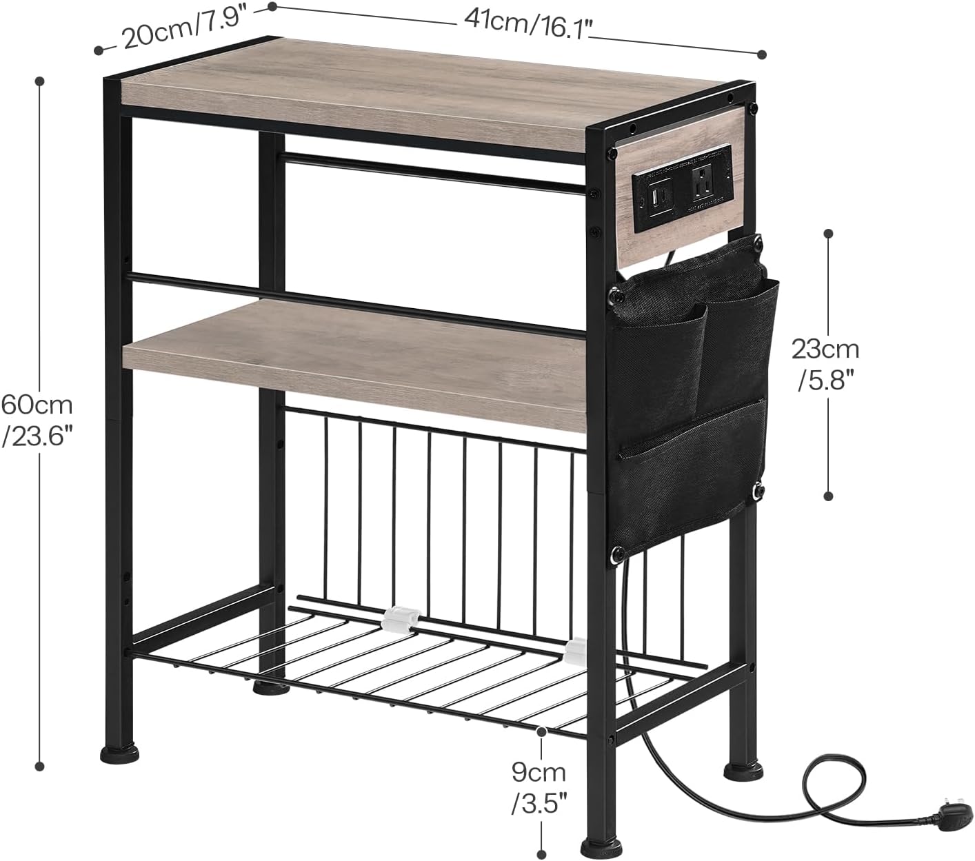 3-Tier BG412UBZ01 HOOBRO End Table with Charging Station, Small Side Table with Magazine Holder, Nightstand Bedside