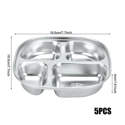 5-Pack Stainless Steel Divided Plates with Lids – Adults Portion Control Meal Trays – BPA-Free, Non-Toxic, Shatterproof – 4 Sections for Balanced Meals, Weight Loss, School, Travel – Dishwasher Safe