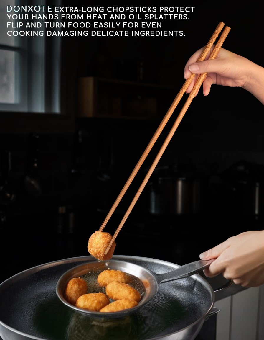 Donxote Extra Long Wooden Cooking Chopsticks - Set of 6 Non-Slip 16.5 Inch Kitchen Tongs for Frying, Ramen, Hot Pot with Oil Splash Protection, Reusable & Natural