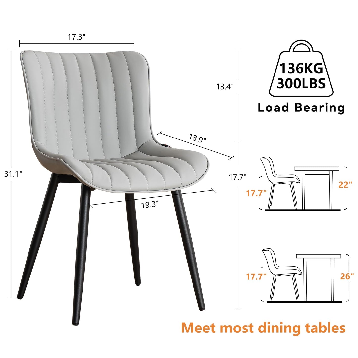 YOUNUOKE Mid-Century Modern Dining Chairs Set of 2, Grey PU Leather Upholstered Kitchen Chairs with Black Metal Legs, Armless Accent Chair for Dining Room, Guest Reception Room