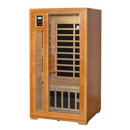 EAGLE PEAK 1-2 Person Low EMF Far Infrared Sauna, Red Light and Chromotherapy Lighting, Bluetooth Speakers, USB Port, Indoor Dry Heat Sauna, Canadian Hemlock Wood, Brown
