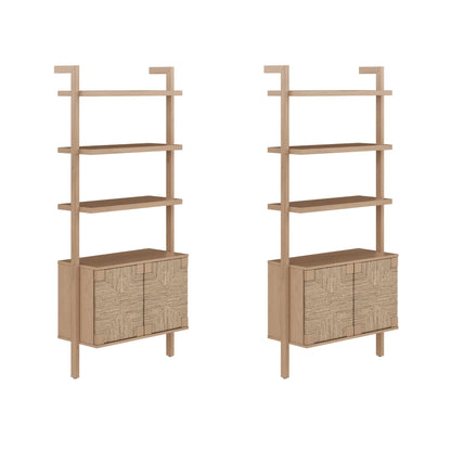 Nathan James Beacon 3-Shelf Bookcase with Seagrass Cabinet, Solid Wood Bookshelf with Storage with Solid Wood Frame, Seagrass/Raw Oak Set of 2