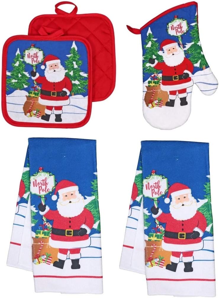 Christmas Kitchen Towel Set - 5 Piece with 2 Towels, 2 Pot Holders & 1 Oven Mitt (Santa Claus)