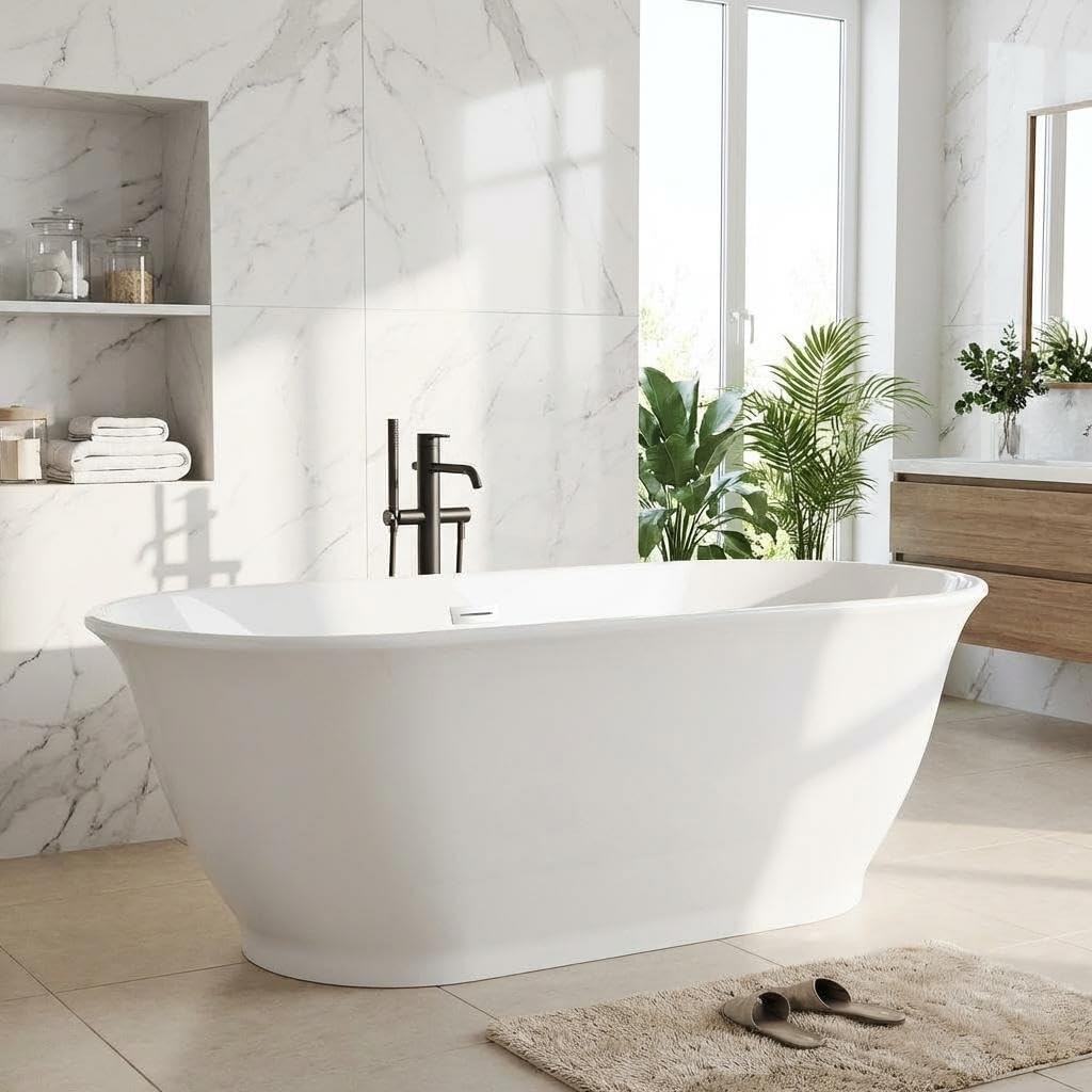 67" Free Standing Tub, Acrylic Soaking Bathtub, Stand Alone Freestanding Tub with Matte Sliver Drain and Overflow, Contemporary Bathtub for Bathroom, Flora