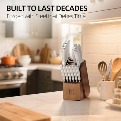 KnifeSaga Kitchen Knife Set Premium, Japanese High Carbon Stainless Steel 15 Pcs Enduring Ultra Sharp Knife Block Set with Sharpener and Wood Block, Professional White Chef Knives set for Kitchen