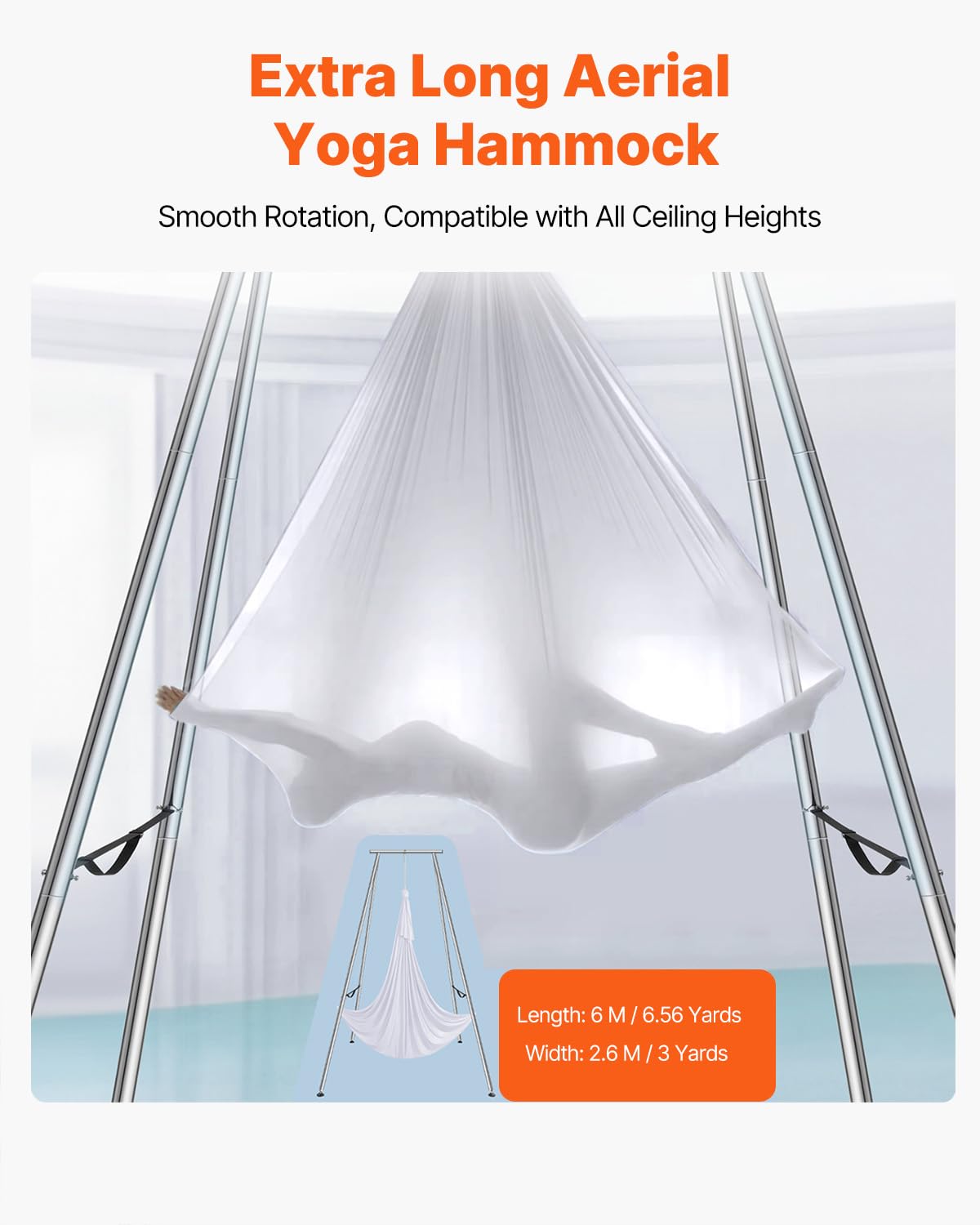 VEVOR Aerial Yoga Frame & Hammock Set, 9.67ft Yoga Swing Frame with 6.6-Yard Nylon Hammock, Heavy-Duty Premium Stand, 551.15 lbs Max Capacity Rig, for Indoor & Outdoor Aerial Fitness Training (White)