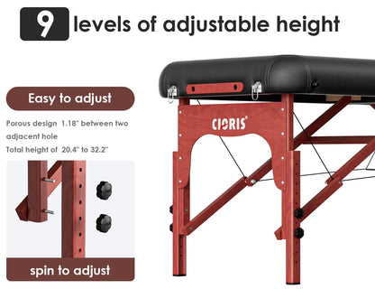 CLORIS 84" Professional Massage Table Portable 2 Folding Lightweight Facial Salon Spa Tattoo Bed Height Adjustable with Carrying Bag & Wooden Leg Hold Up to 1100LBS Black