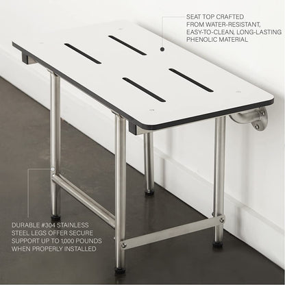 Seachrome 18 inch Wall-Mount Folding Shower Bench Seat with Legs, White