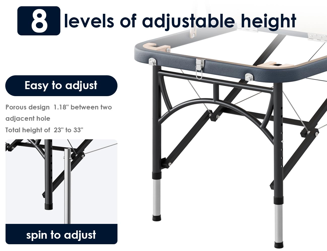 CLORIS 84" Professional Massage Table Portable 3 Folding Lightweight Facial Salon Spa Tattoo Bed Height Adjustable with Carrying Bag & Aluminium Leg Hold Up to 1100LBS Blue