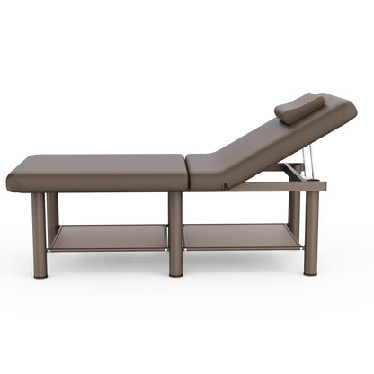 Folding Stationary Massage Table with Backrest and Storage Space for Treatment Table Physical Therapy Table Spa Facial Bed, 6 Round legs Metal Frame PU Leather, 30.5'' Wide × 75'' Long - Brown