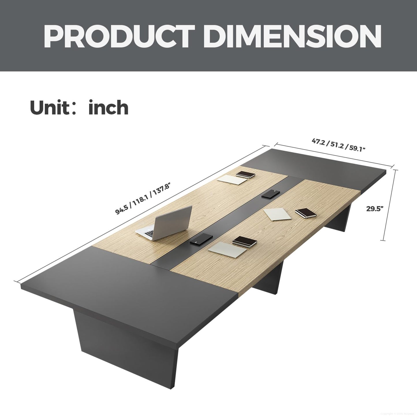Nuipesn 95" Rectangular Conference Table, Seats 8-10, Built-in Power Outlets & USB Charging Ports, Cable Management, 2-Inch Thick Top, Oak/Grey