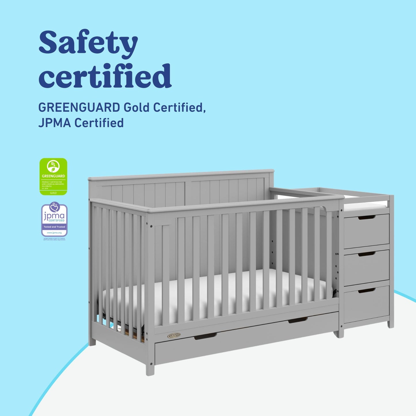 Graco Hadley 5-in-1 Convertible Crib & Changer – GREENGUARD Gold Certified, Fits Standard Crib Mattress, Converts to Toddler Bed and Full Bed, 4 Adjustable Mattress Heights (Pebble Gray)