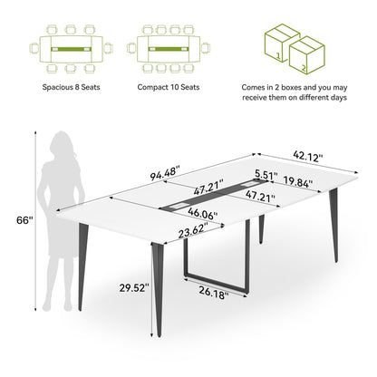 LITTLE TREE 8FT Conference Room Table, 94.48L x 47.21W x 29.52H Boat Shaped Meeting Table, White&Black