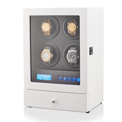 Automatic Watch Winder with LED Light, Storage Drawer and LCD Touchscreen Control (White)