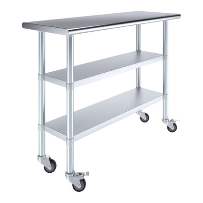 AmGood Stainless Steel Work Table with 2 Shelves and Casters | Metal Utility Table On Wheels (Stainless Steel Work Table with 2 Shelves + Casters, 48" Long x 18" Deep)