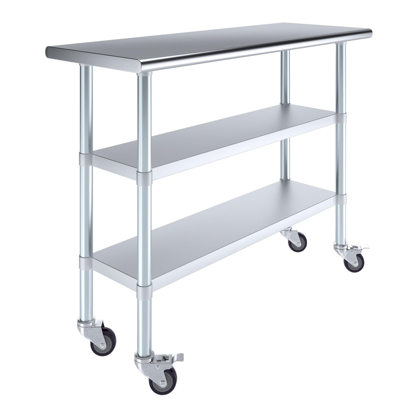 AmGood Stainless Steel Work Table with 2 Shelves with Casters | Metal Utility Table | Commercial & Residential NSF Utility Table (Stainless Steel Table with 2 Shelves, 48'' Long x 18'' Deep)