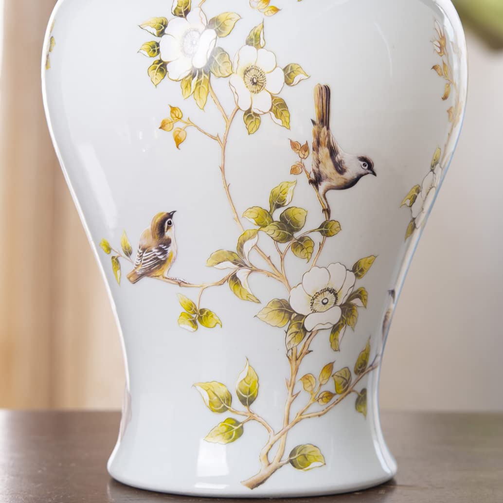 UWYTGF White Ceramic Ginger Jar with Lid for Home Decor,Traditional Chinese Flowers and Birds Temple Jar,Jingdezhen Handcrafted Porcelain Vase Centerpiece Decor L,White Small,White,M