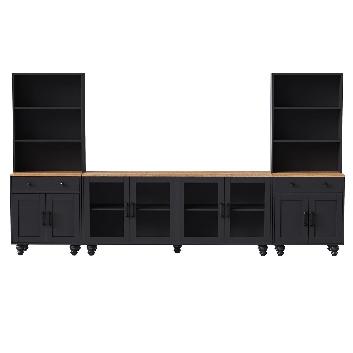 Farmhouse TV Stand with Tempered Glass Doors for TVs Up to 70", Versatile Sideboard with Adjustable Shelves, Elegant Buffet Cabinet with 5 Solid Wood Gourd-Shaped Legs for Living Room, Black