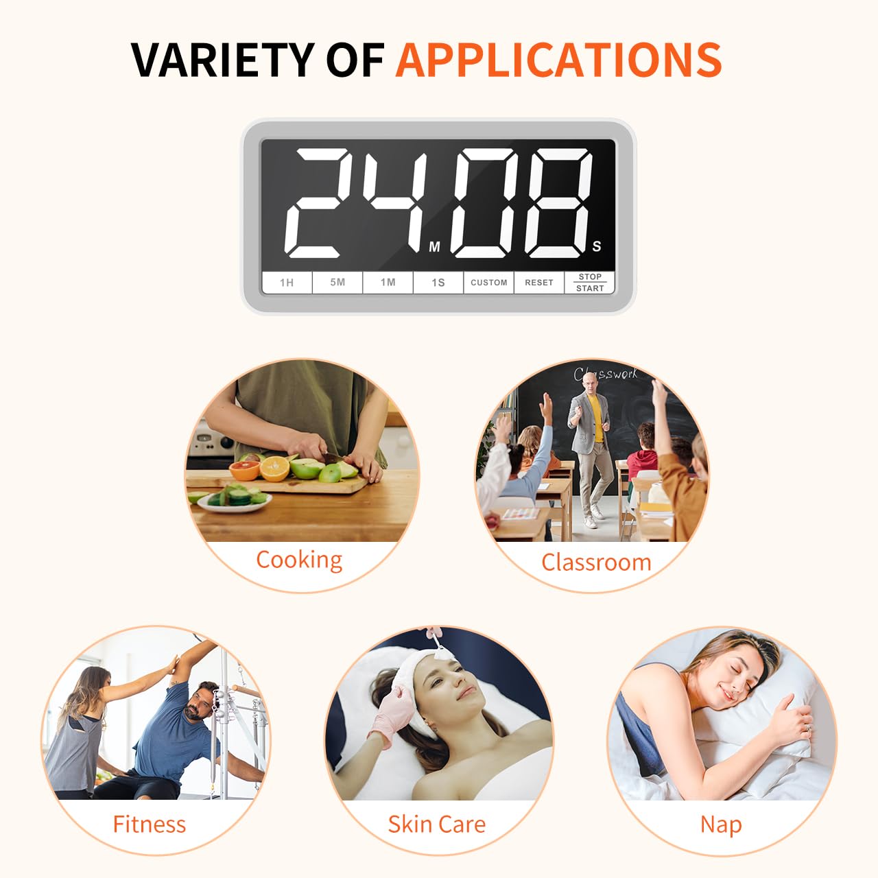 VOCOO Digital Kitchen Timer with 7.8” Extra Large Display, Magnetic, LED with 3 Brightness, 4 Alarms and 3 Volume Levels, Battery Countdown Count Up Timer for Cooking, Classroom, Home Gym (White)