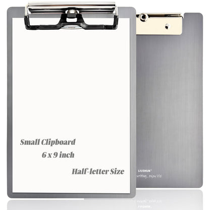 Small Aluminum Clipboard Metal A5 w/Stainless Hangable Pen Holder Low Profile Clip Board 9" x 6" Memo Message Half Letter for School Office Business Medical Workshop Factory Supplies (Grey, A5)