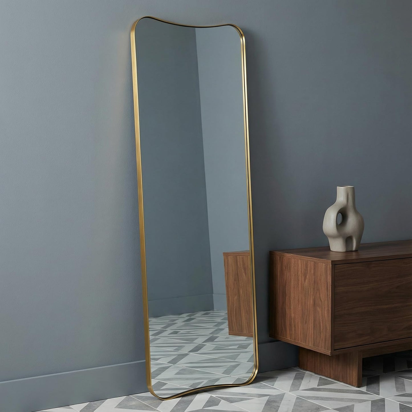 ANDY STAR Full Length Mirror 21" x 64", Gold Decorative Full Body Mirror with Stainless Steel Thin Frame, Italian Curved Edge Design, Wall Mount or Leaning for Bedroom, Cloakroom, Living Room