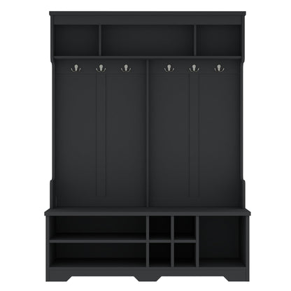 Ball & Cast 59.1" Hall Tree with Bench and Shoe Storage,3-in-1 Entryway Cabinet with Metal Hooks,Modern Coat Rack with Shoe Cubbies for Mudroom,Living Room,Hallway,Black