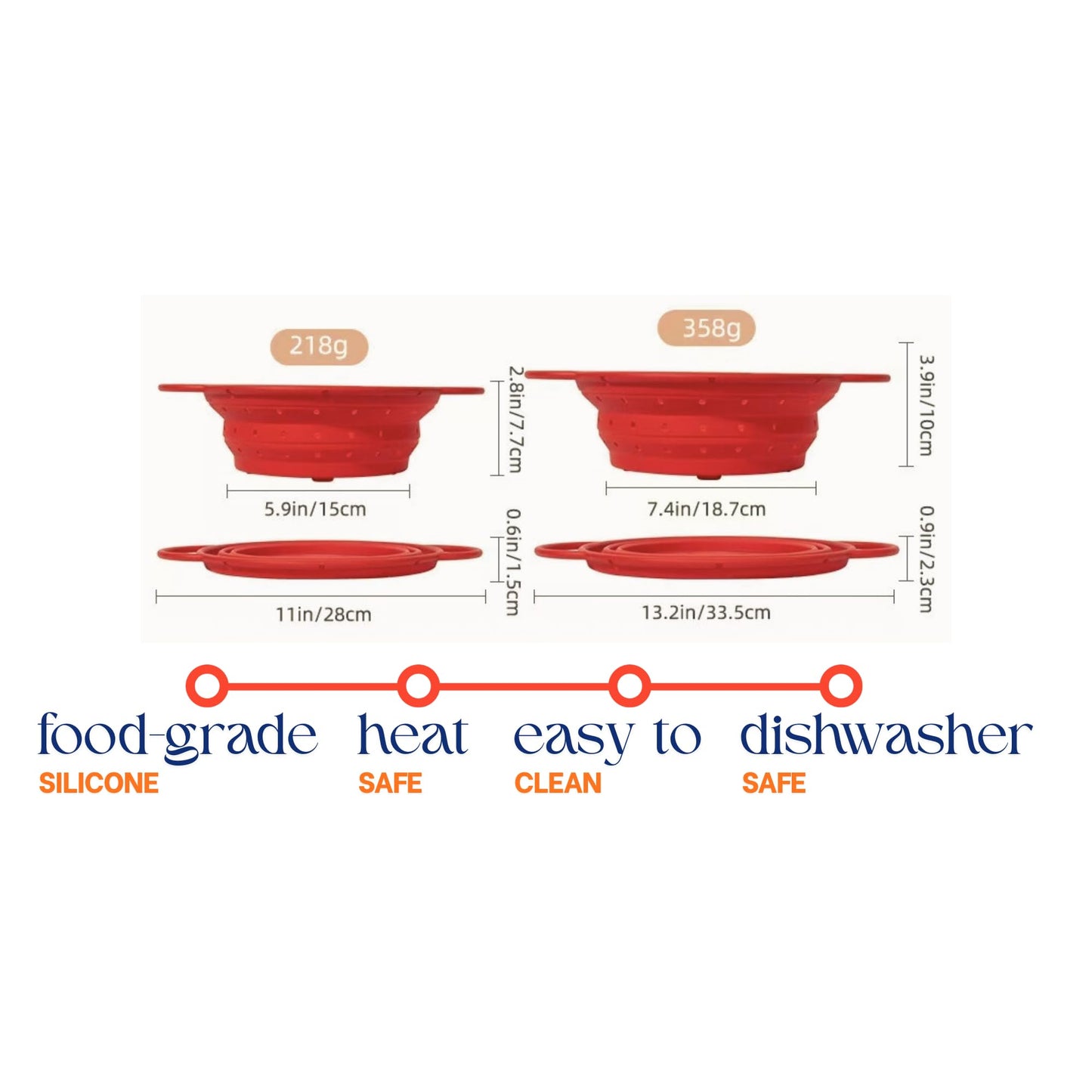 Silicone Colander, Collapsible Colander, Kitchen Food Strainer, Colander with Handles, Foldable Colander, Space-Saving Design, 2-pack