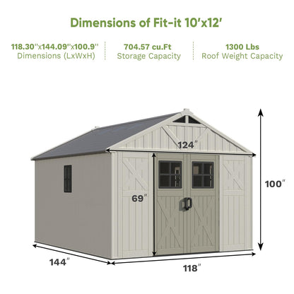 Patiowell 10x12 FT Outdoor Storage Shed with Floor and Lockable Door, All Weather Plastic Shed Garden Shed with Skylight and Multiple Windows for Backyard, Patio, Lawn, Beige