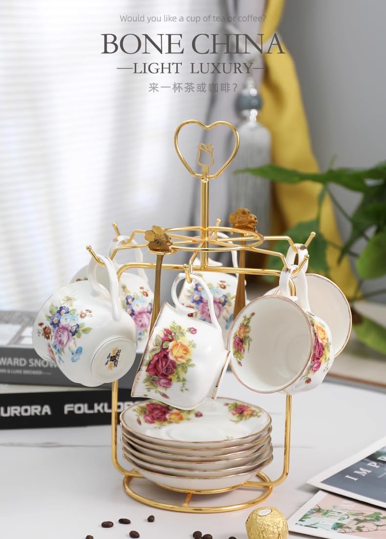 floral tea cups high-grade fine bone china tea set for 6 people,English Style porcelain teacup sets with stand holder afternoon coffee cups and saucers sets for women