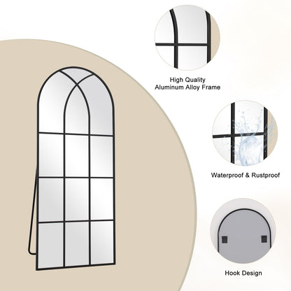 Arched Window pane Full Length Mirror 24"x65", Full Body Standing Mirror, Window Shaped Farmhouse Style with Aluminum Frame, Decor Wall Mirrors for Living Room, Courtyard, Bedroom, Entryway, Black