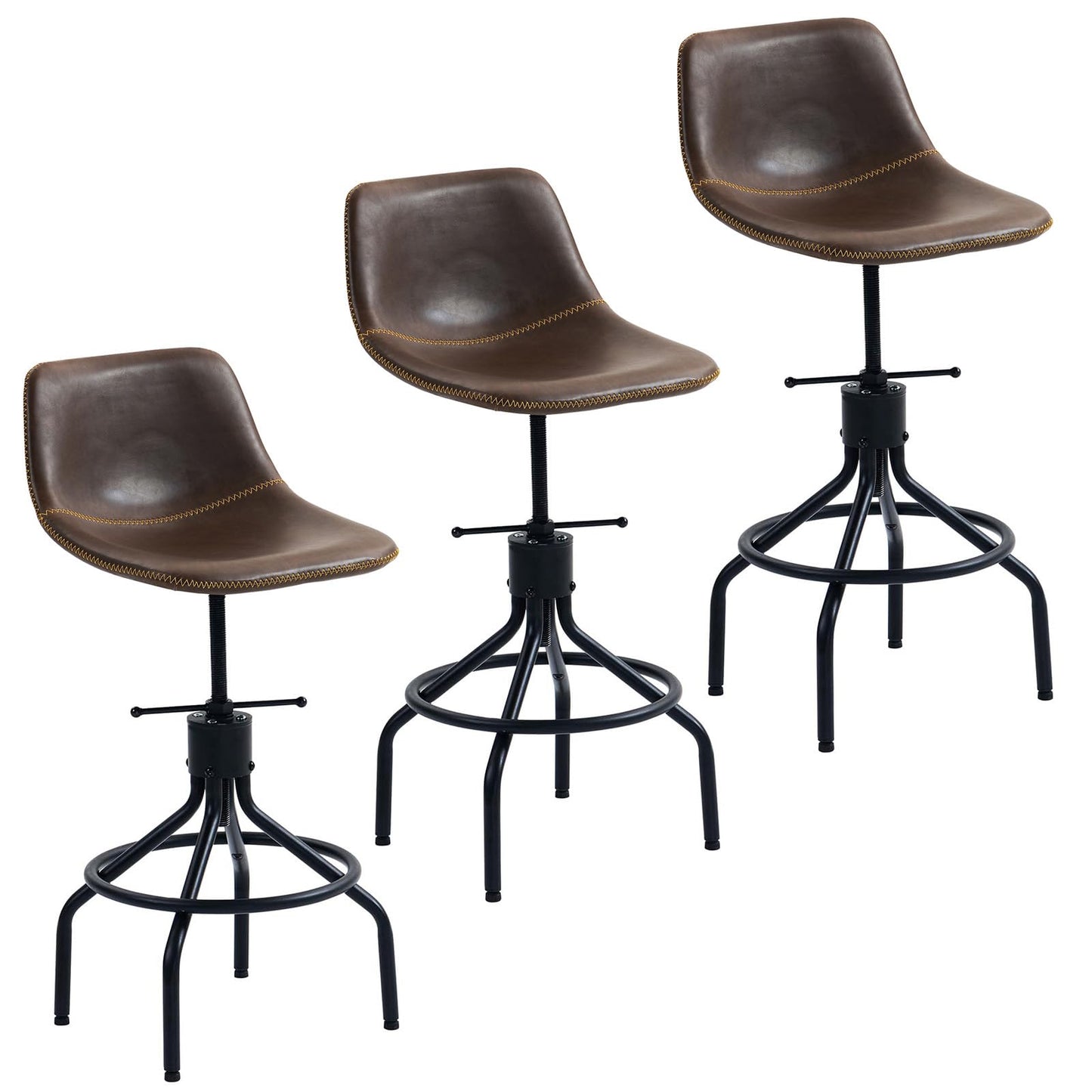 CHIDOCHILO Bar Stools Set of 3, Adjustable Armless Kitchen Island Barstools with Back 26 Inch Swivel Faux Leather Industrial Counter Height Bar Chairs for Dining Room Home Bar D087-Brown-3