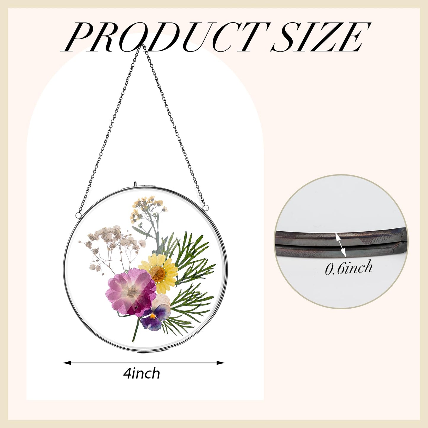 Qunclay 4 Pcs Double Glass Frame for Pressed Flowers Round Hanging Herbarium Floating Flower Press Frame Clear DIY Vintage Artwork Display holder(4 Inch,Black)