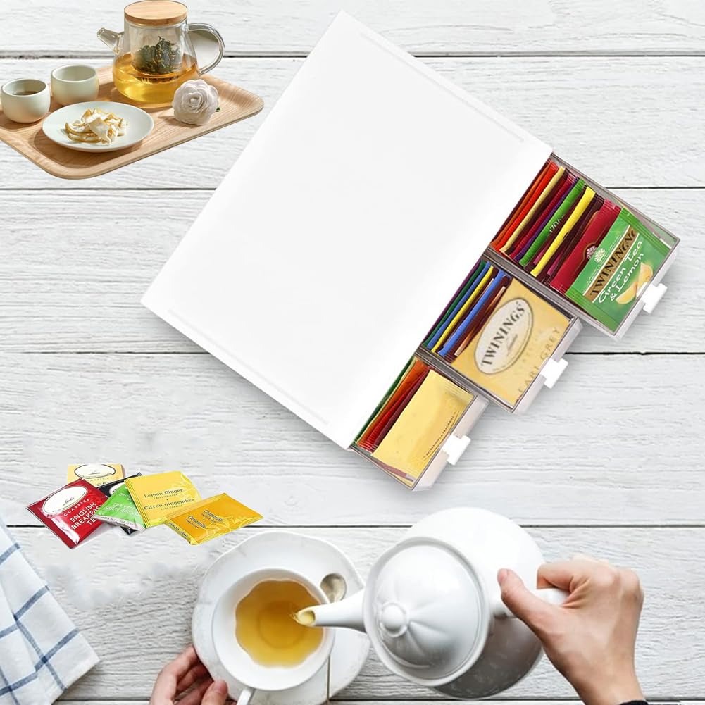 Plastic Tea Bag Organizer with 3 Drawers, Desk Drawer Organizer, Stackable Storage Drawers, White Tea Box, Makeup Organizer, Clear Tea Bag Storage, Coffee Storage for Tea Bags, Sugar Packets, Cosmetic