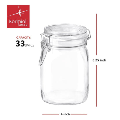 Bormioli Rocco Clear Glass Storage Jars: Airtight Hinged Lid With Leak Proof Gasket, Wide Mouth Canister Kitchen Food Container - For Zero Waste Air Tight Preserving Jam, Spices, Coffee, Sugar & Herbs