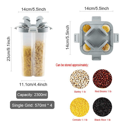 WINIAER Airtight Cereal Storage Container, Clear 2.3L Airtight Kitchen Food Storage Container with Lids and Compartments for Grain, Sugar, Flour, Rice, Nuts, Snacks
