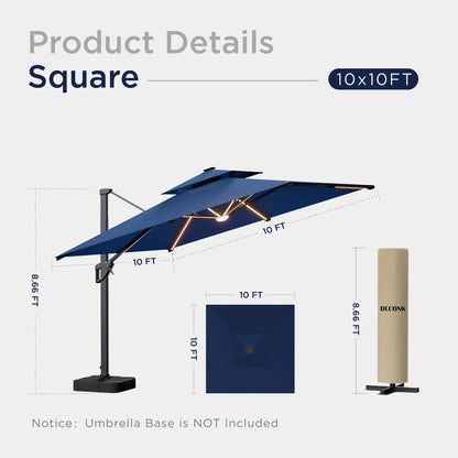 Deconk 10x10 FT Cantilever Patio Umbrella with Led Lights Double Top Outdoor Square Heavy Duty Offset Umbrellas 360°Rotation Free-motion Track Tilt Windproof for Pool Deck Garden, Navy
