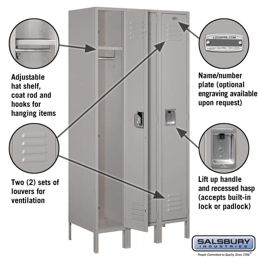 Salsbury Industries 61368GY-U Standard Metal Locker Single Tier 3 Wide 6 Feet High 18-Inch Deep Gray Unassembled Gray