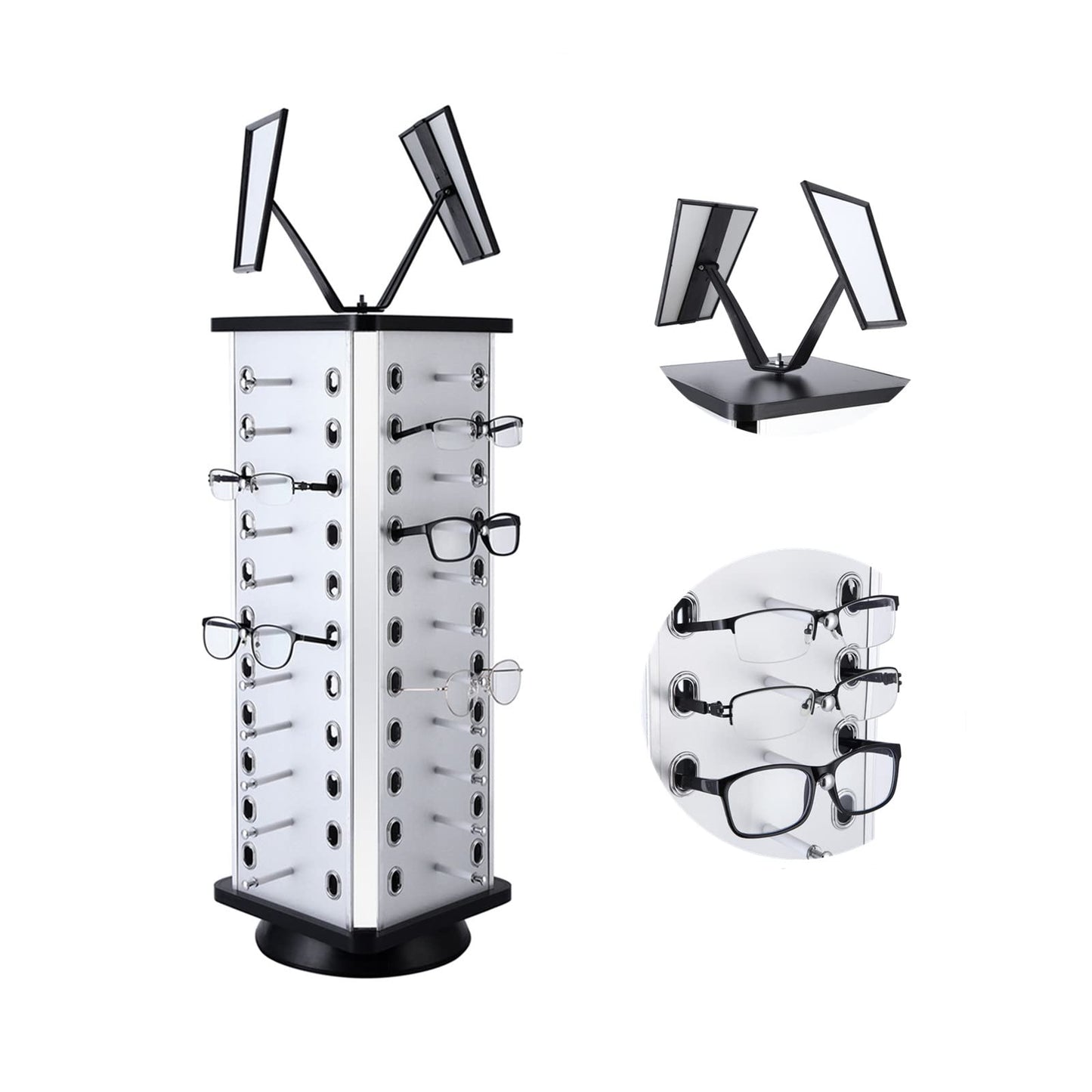 VARIPOWDER 360° Rotating Sunglass Display Stand – Sunglasses Organizer for Commercial & Home Use, Eyeglass Holder Stand, Space-Saving Sunglasses Display Rack with Mirror for 44 Pairs of Glasses