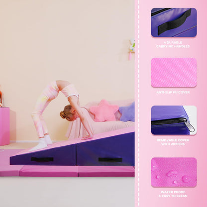 Kangaroo Hoppers 4×8 FT Gymnastics Set, 24"x26" Octagon Tumble Mat, 56”x28”x15” Wedge Cheese Mat for Kids Tumbling, Skill Training, Home Gym Exercise (Gradient Pink)