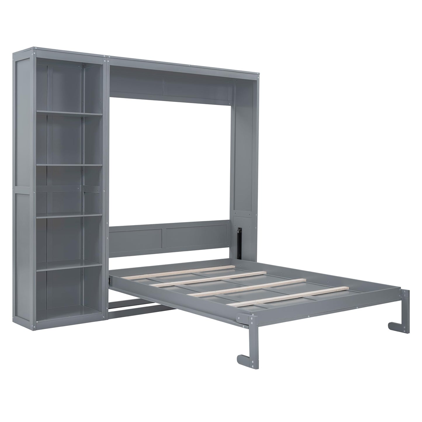 Merax Space-Saving Gray Murphy Bed Queen Size with Adjustable Storage Shelves, Multifunctional Foldable Wall Bed for Small Spaces Studio Study Office Guest Room