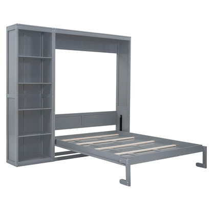 Merax Space-Saving Gray Murphy Bed Queen Size with Adjustable Storage Shelves, Multifunctional Foldable Wall Bed for Small Spaces Studio Study Office Guest Room