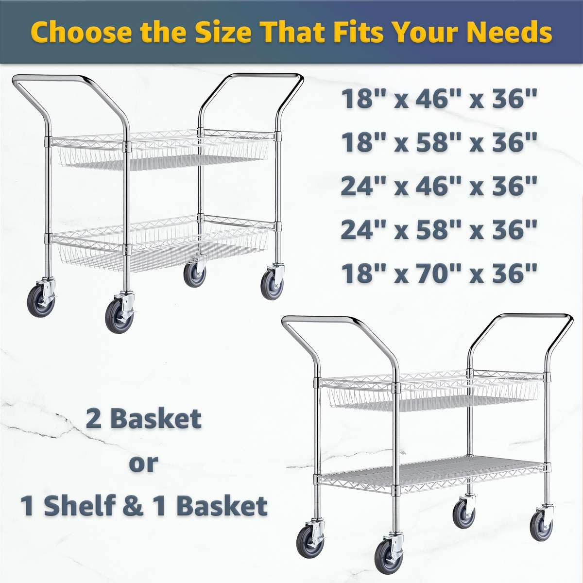 24" x 58" x 36" Commercial NSF Chrome One Shelf and One Basket Utility Cart - Heavy Duty Wire Rolling Metal Cart with Handles, Mobile Storage Cart for Warehouse, Office, Retail, Kitchen Use