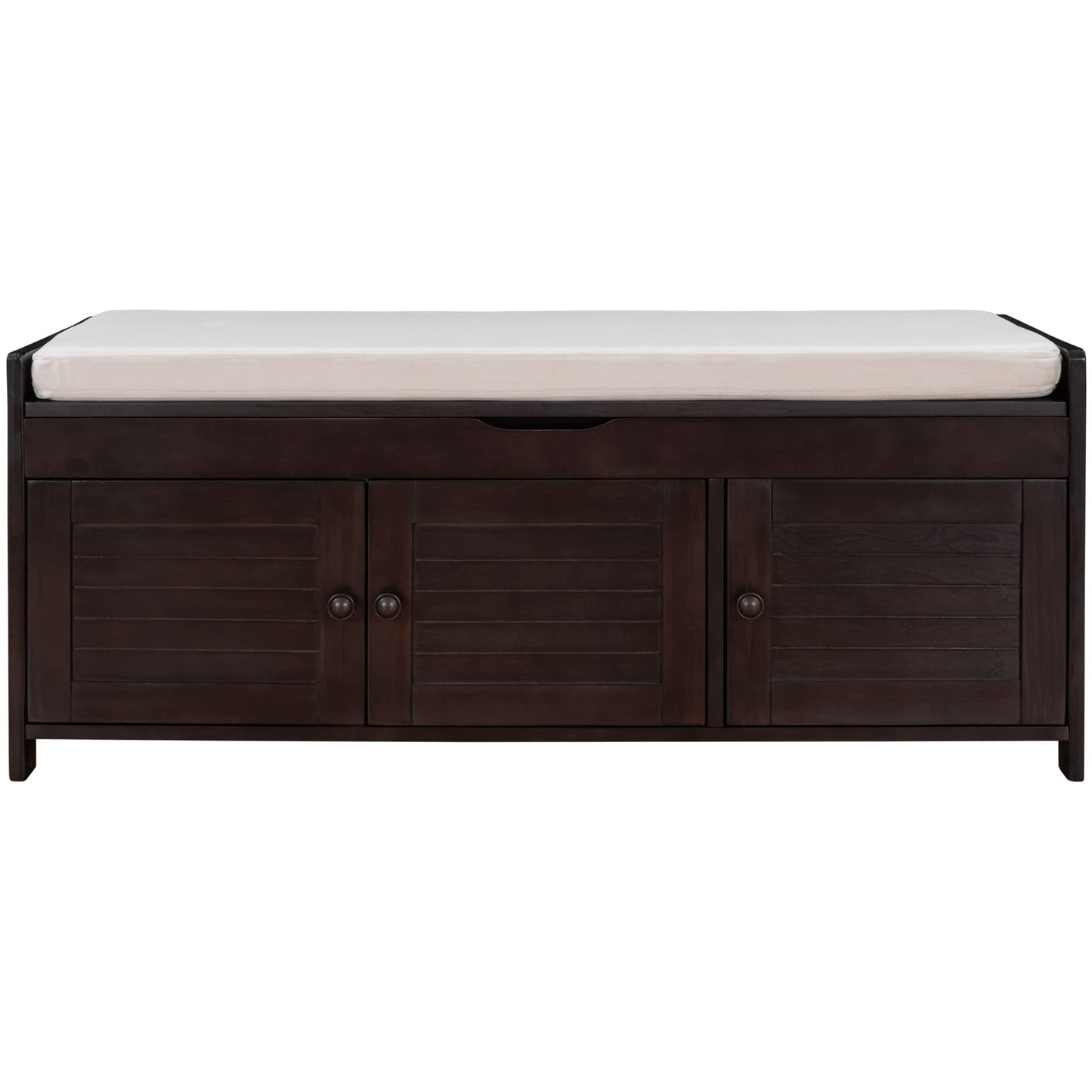 Jintop Wood Storage Bench 3 Shutter-Shaped Doors,Multifunction Shoebox,W/ 2 Size and Removable Cushion & Hidden Savings Space,for Entryway,Bedroom,Living Room,Espresso, 43.5"