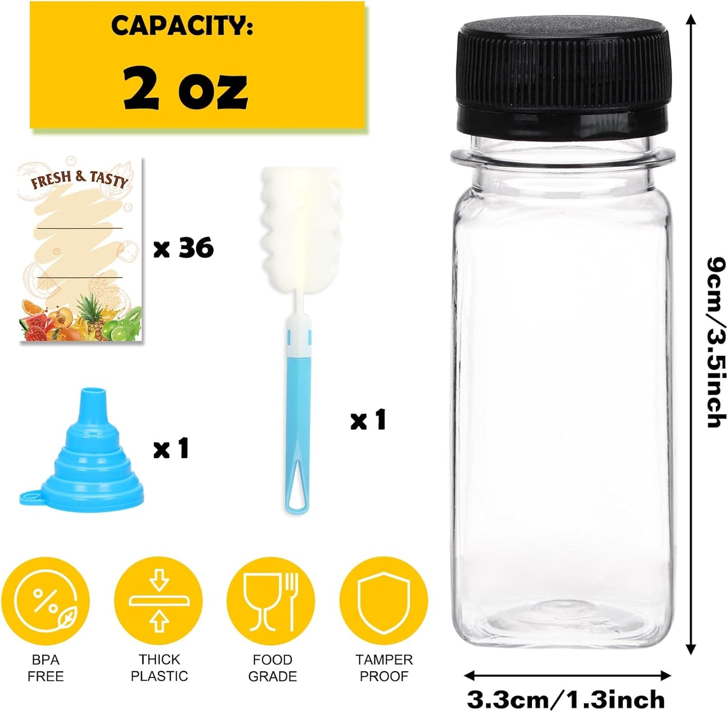 36pcs 2oz BAKHUK Plastic Shot Juice Bottles with Caps, Ginger Shot Bottles Reusable Clear Bulk Beverage Containers