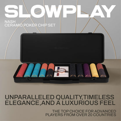 SLOWPLAY Nash Ceramic Poker Chips Set for Texas Hold'em, 500 PCS [with Numbered Values], 39mm & 10g Each | Features a High-end Chip case with Extra Durable German Polycarbonate Shell