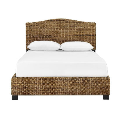 Pemberly Row Coastal Wood/Rattan King Platform Bed, Natural Brown Finish, Handwoven Banana Leaf, Matte Black Feet, 53.75" H x 82.5" W x 86" D, Includes Headboard/Footboard, Rustic Bedroom Furniture